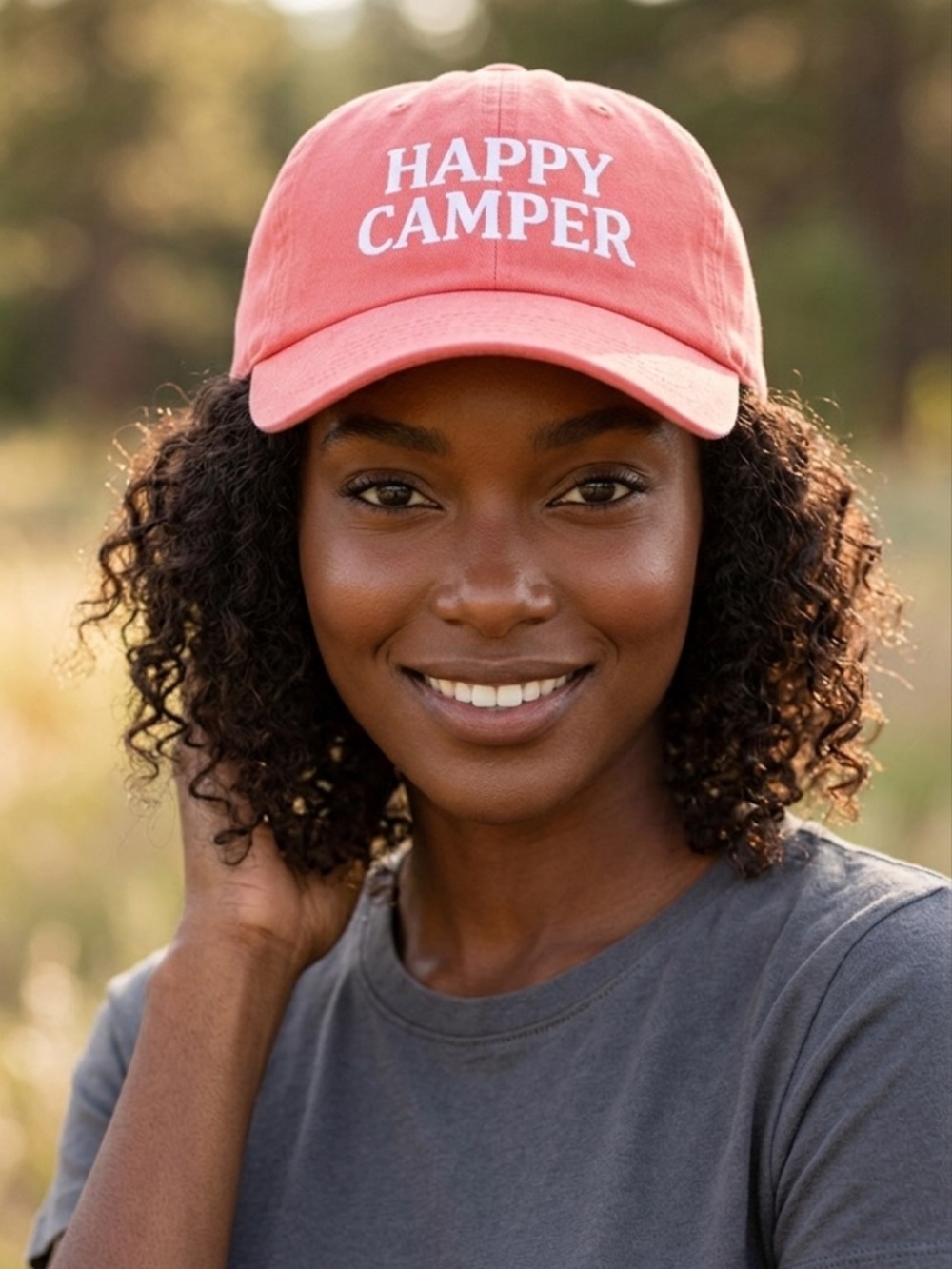 Happy Camper Coral Dad Hat Minimal Aesthetic Summer Adjustable Unisex Cap NWT!!!